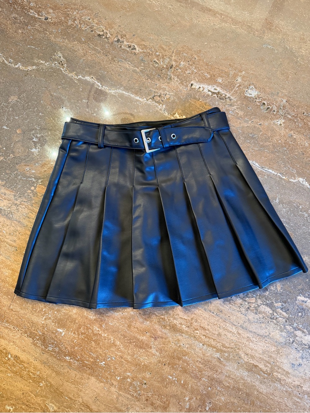 Zara Girl’s  Black Faux Leather Pleated Mini Skirt with Belt NWOT